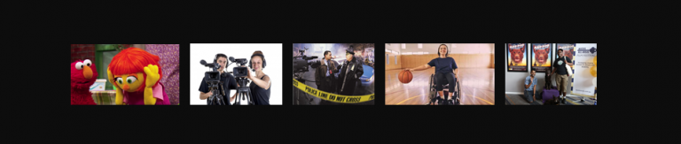 Five images side by side. From the left: an image of two puppets on Sesame Street, two people operating cameras, two people at a crime scene, a wheelchair user bouncing a basketball, two people that appear to be from CALD backgrounds standing in front of film posters. 
