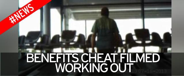 A person pictured from behind while on a treadmill. The words "benefit cheat filmed working out"' are displayed. 