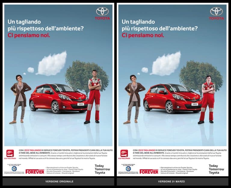 The same Toyota car advertisement is pictured side by side. Two people stand either side of a red car. In the image on the left one of the people is a tall person wearing red overalls. In the image on the right, a tall person with Down Syndrome stands in place of the person in the other image.  
