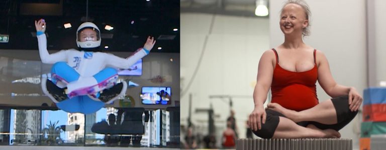 Two images side by side. On the left is an image of a person wearing a safety suit and helmet while seated cross legged and hovering above the ground. They appears to be an extreme sporting venue. To the right is the same person. We can now identify them as a person with disability. They are in a gymnasium wearing activewear and seated in the same position as in the first image. 