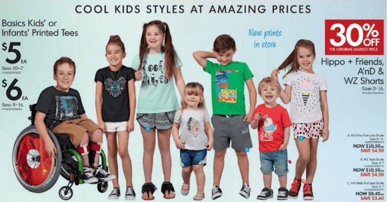 Seven children feature together in a catalogue image. One of the children is a wheelchair user. 